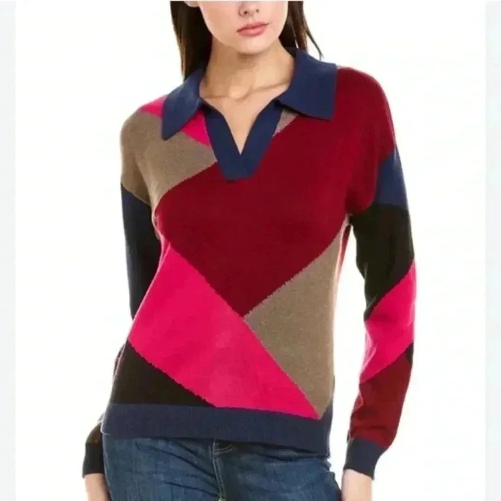 Naadam peachskin split neck silk blend Neck Pullover Geometric sweater Sz M